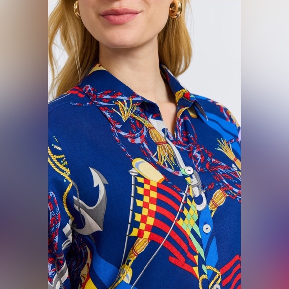 NWT - Foxcroft Zoey Linen Nautical Flags 3/4 Sleeve Shirt - Picture 13 of 14